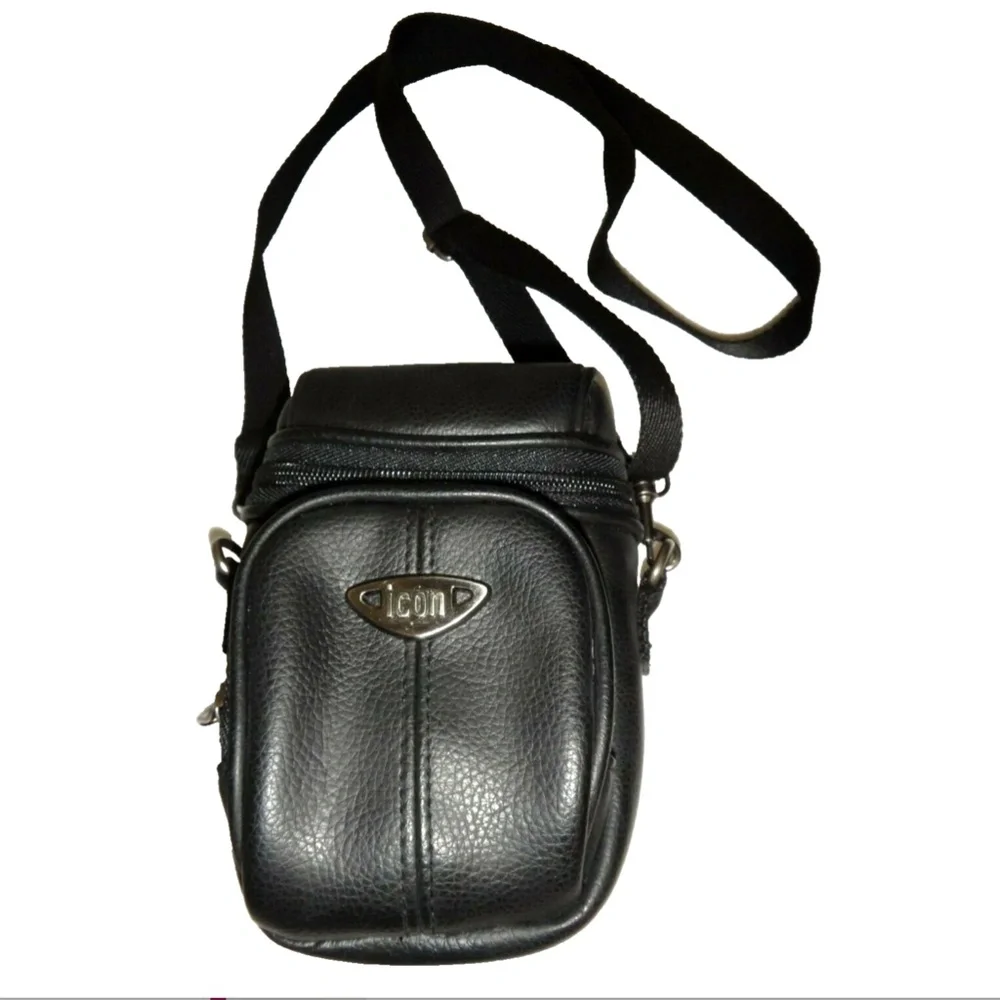 Icon Black Leather Camera Bag Crossbody Case Belt Bag Strap